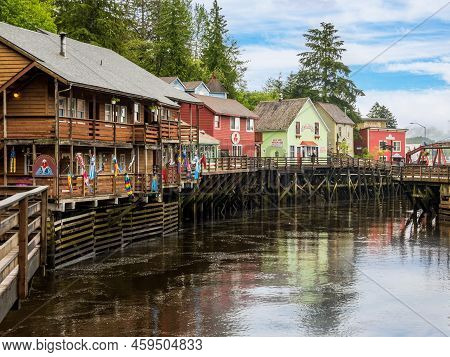Ketchikan, Ak - 10 June 2022: Famous Creek Street Boardwalk And Shops In Ketchikan Alaska