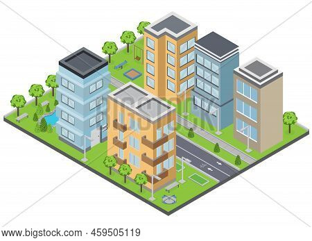 Suburbia Buildings Composition With Lawns Apartments And Streets Isometric Vector Illustration
