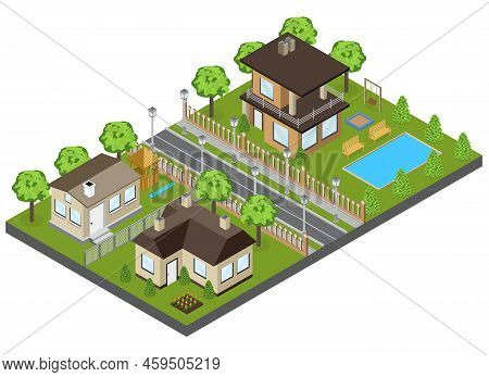 Suburbia Area Buildings With Town Houses And Cottages Isometric Vector Illustration