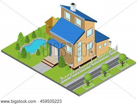 Suburbia Building Concept With Town House Swimming Pool Isometric Vector Illustration
