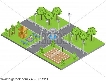 Suburbia Park With Trees Lawn And Sports Ground Isometric Vector Illustration