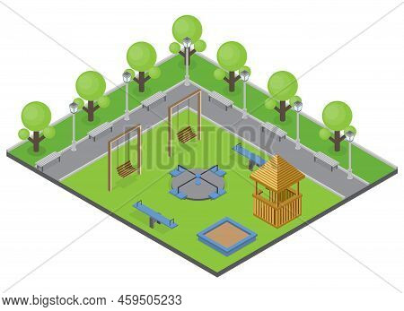 Suburbia Park Concept With Trees Benches And Playground Isometric Vector Illustration