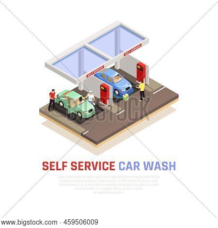 Carwash Isometric Composition With Self Service Wash Symbols Vector Illustration