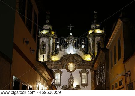 Night View Of The Facade Of The Church Of Our Lady Of Carmel In The City Of Sao Joao Del-rei In Mina