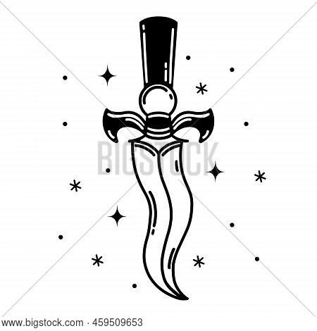 Ritual Dagger Vector Icon. Shining Occult Knife With A Sharp Blade, Black Handle. Vintage Stiletto, 
