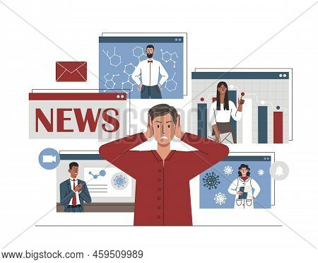 Information Detox Concept. Man Covers Ears With Hands, Tired Of News. Information Garbage And Oversa