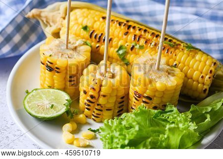 Sweet Corn Cooked On White Plate, Sweet Corn Food With Salad Vegetable Lime Coriander And Lettuce, R
