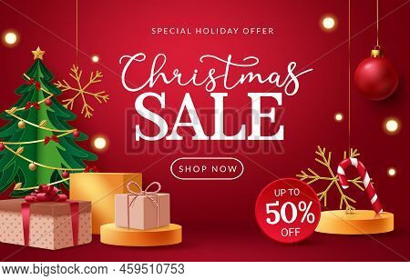 Christmas Sale Vector Design. Christmas Sale Text With Special Holiday Offer Up To 50% Off With Chri