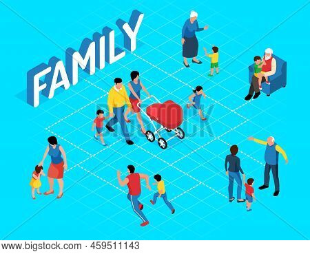 Family Isometric Flowchart With Adults Playing With Their Kids And Walking Parents Carrying Troller 