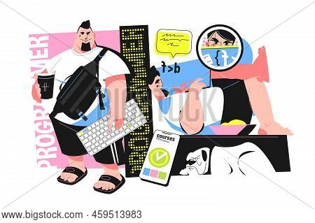 Taking Internet Lesson In Programming Vector Illustration. Study On Course From Home Flat Style. Edu