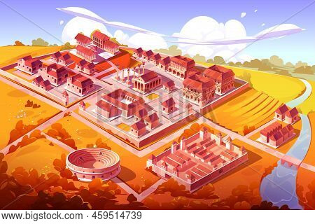 Ancient Rome City, Isometric Cartoon Autumn Cityscape Capitol, Basilica With Square, Castrum, Medico