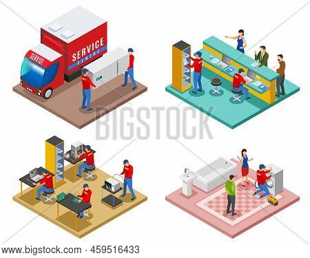 Service Centre Isometric 4x1 Set Of Compositions With Images Representing Different Support Services