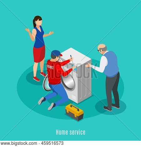 Service Centre Isometric Background With Characters Of House Masters And Maytag Repairman In Uniform