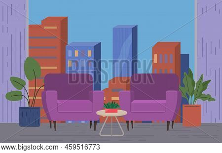 Cozy Living Room Interior Design With Modern Furniture, Panoramic Window, Sofa, Table And Armchairs.