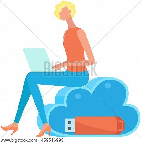Woman Working With Laptop At Workplace In Field Of Data Storage. Remote Work, Programming, Online Fr