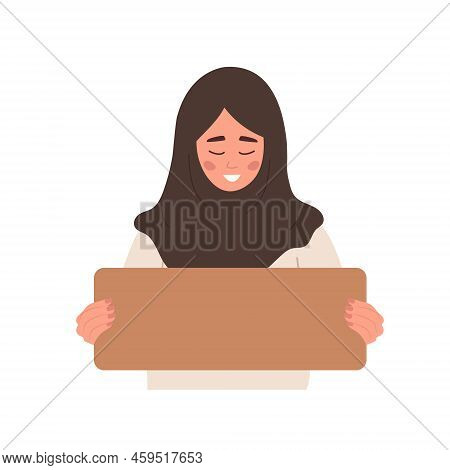 Arabic Woman Holding Cardboard Blank Sign. Template For Your Slogan. Paper With Copy Space For Text 