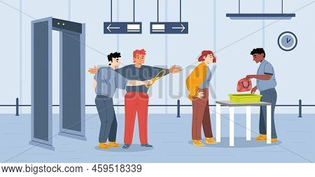 Airport Safety Concept, People Go Through Metal Scanner With Security Officers Check Passenger Body 