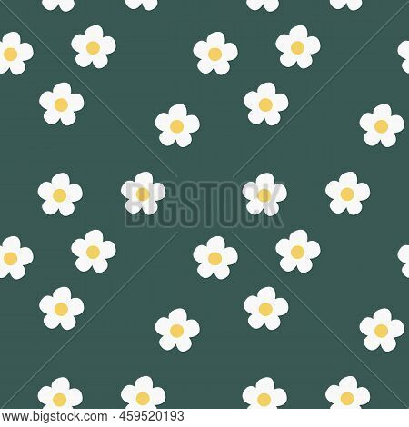 Hand-drawn Abstract Chamomile Flowers In A Seamless Pattern On A White Background. Repeating Floral 