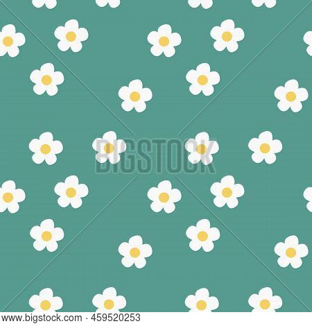 Hand-drawn Abstract Chamomile Flowers In A Seamless Pattern On A White Background. Repeating Floral 