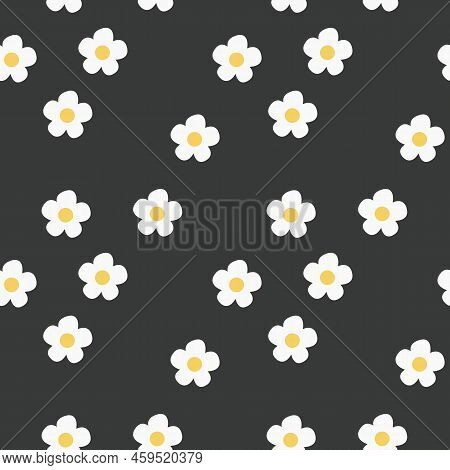 Hand-drawn Abstract Chamomile Flowers In A Seamless Pattern On A White Background. Repeating Floral 