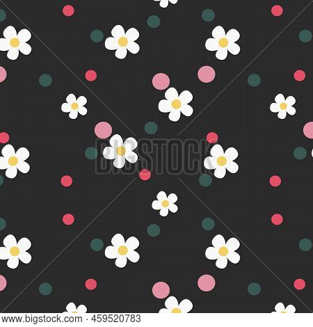 Hand-drawn Abstract Chamomile Flowers In A Seamless Pattern On A White Background. Repeating Floral 