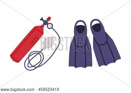Red Gas Cylinder As High Pressure Vessel With Protective Mask And Flippers Vector Set