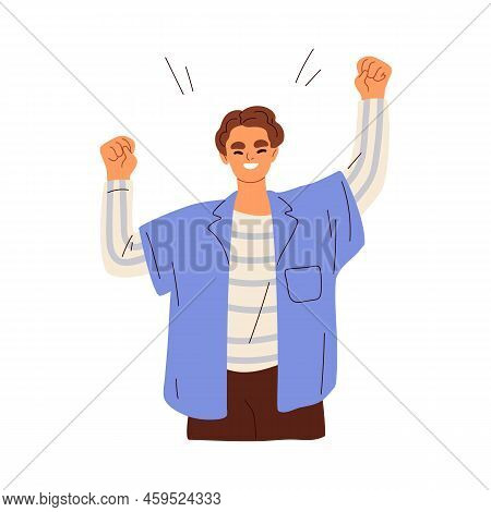 Happy Excited Man Winner Rejoicing. Exulting Person Celebrates Victory, Success. Smiling Glad Guy Wi