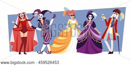 Masquerade People. Performing Fashioned Male Female Persons In Beautiful Dresses For Celebration Par