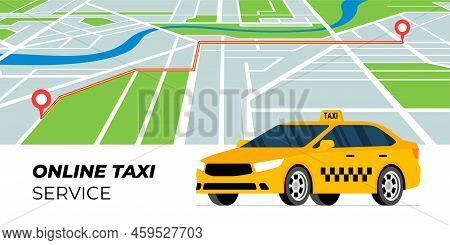 Taxi Ordering And Tracking Service Concept. Yellow Cab Stands On City Map Background With Car Route.