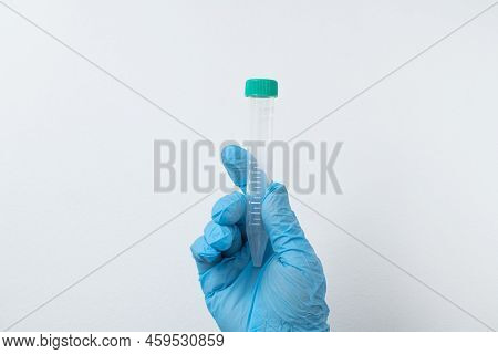 Vacuum Tube For Collection And Blood Samples In Blue Gloves For Laboratory.