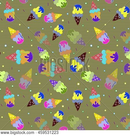 Beautiful Seamless Pattern Of Multicolored Or Different Flavor Ice Cream Cone On Moss Green Color Ba