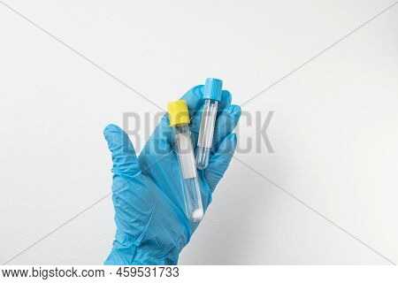 Vacuum Tube For Collection And Blood Samples In Blue Gloves For Laboratory.