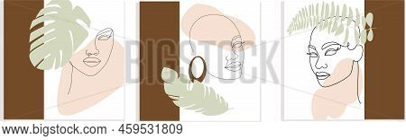 Line Art Woman Faces. Abstract Triptych Of Three Woman Faces Outlines. Trendy Abstract Background Fo