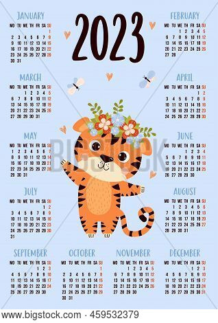 Annual Calendar For 2023 With Happy Cute Tiger With Butterflies. Vector Vertical Template For 12 Mon