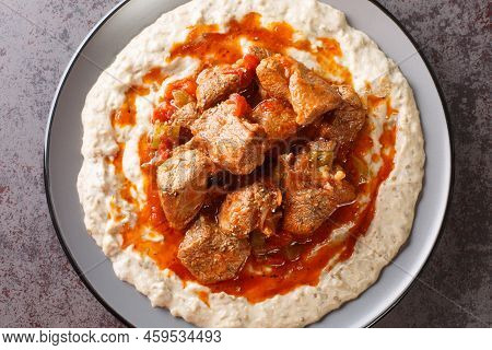 Sultan's Delight Or Hunkar Begendi Lamb Ragout With Pureed Eggplant And Bechamel Sauce Closeup In Th