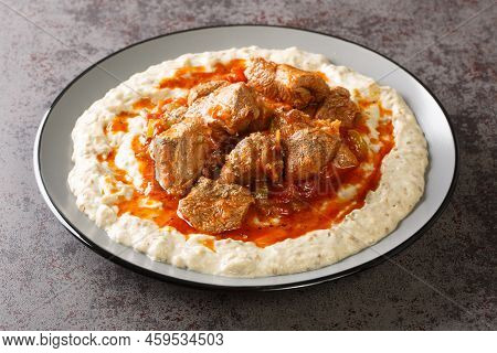 Sultan's Delight Or Hunkar Begendi Lamb Ragout With Pureed Eggplant And Bechamel Sauce Closeup In Th