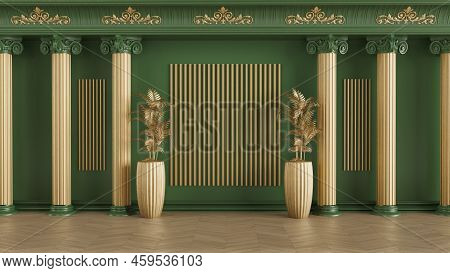 3d Render Of Gold And Green Columns Background, Aproduct Display Background With Golden Plants,