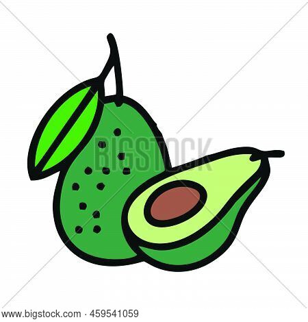 Green Avocado Icon. Whole And Half Avocado. Vector Avocado Fruit Icon. Avocado Illustration In Trend