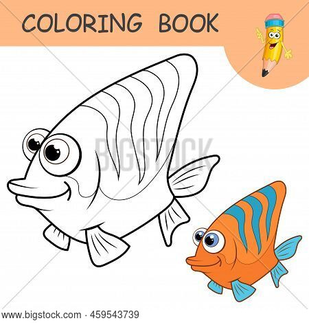 Coloring Book With Funny Orange Fish. Colorless And Color Samples Coral Fish On Coloring Page For Ki