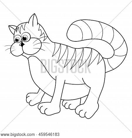 Colorless Cartoon Kitten. Coloring Pages. Template Page For Coloring Book Of Funny Cat For Kids. Sil