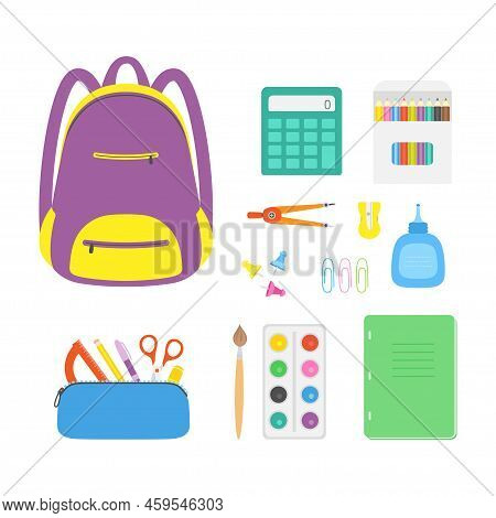Vector Illustration Of School Supplies, Back To School Background With Stationery, Set From Pencil C