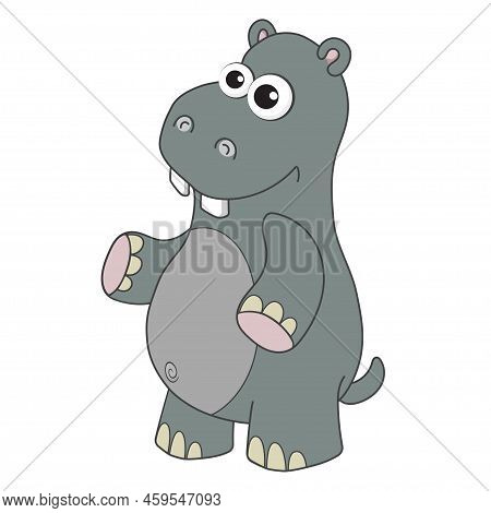 Funny Hippo. Cute Young Hippopotamus Isolated On White Background. Zoo Animal Cartoon Character. Edu