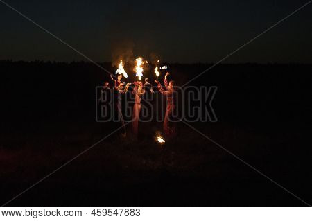 Tverskaya Region, Russia - July 22, 2022: Fragment Of The Night Fireshow At The Historical Festival 