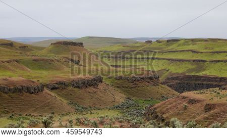 American Nature Landscape During Cloudy Day. Washtucna, Washington, United States. Background Panora