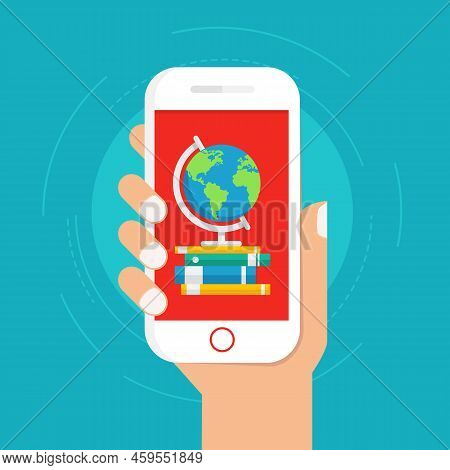 Online Learning On Mobile Phone. Hand Holding Smartphone With Globe And Stock Of Book On The Screen.