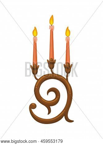 Candlestick. Vintage Candelabrum With Burning Wax Candle Flame. Elegant Old-fashioned Holder Or Meta