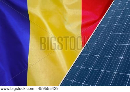 Solar Panels Against Flag Moldavia Background. Solar Battery Generates A Pure Electricity. Concept O