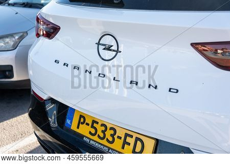 Tarragona, Spain - June 10, 2022: Opel Grandland Logo On A White Car Close-up.