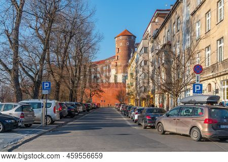 Krakow, Poland - 14 March, 2022: Wawel Castle And Sandomierska Tower - Krakow
