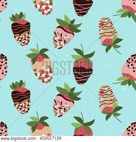 Strawberry In Pink Glaze, Sprinkle On Blue Background. Seamless Repeat Pattern. Vector, Flat
